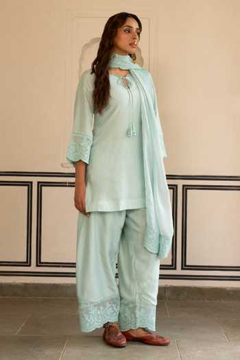 Karaj Jaipur_Blue Silk, Organza Embroidery Keyhole Neck, Yes Hand Kurta Set _at_Aza_Fashions