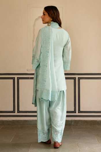 Shop_Karaj Jaipur_Blue Silk, Organza Embroidery Keyhole Neck, Yes Hand Kurta Set _at_Aza_Fashions