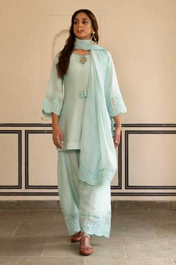 Buy_Karaj Jaipur_Blue Silk, Organza Embroidery Keyhole Neck, Yes Hand Kurta Set 
