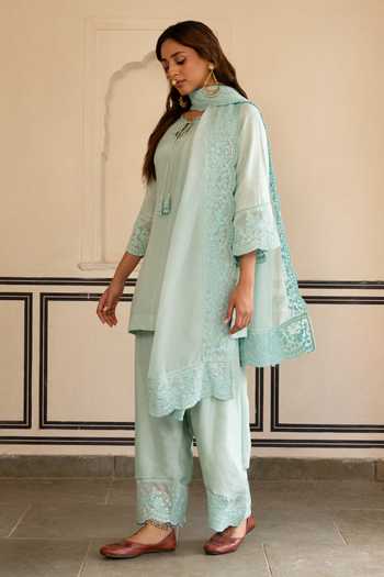 Shop_Karaj Jaipur_Blue Silk, Organza Embroidery Keyhole Neck, Yes Hand Kurta Set 