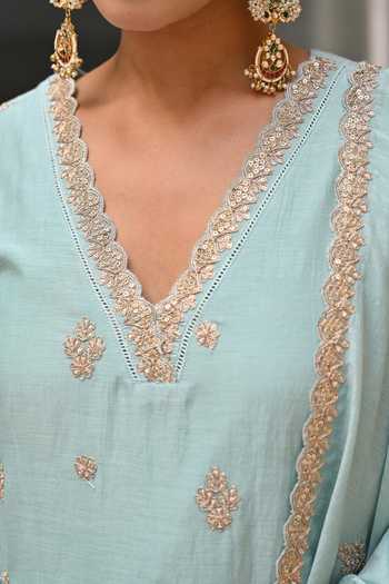 Buy_Karaj Jaipur_Blue Chanderi, Shantoon Embroidery V-neck Butti Work Kurta Set _Online_at_Aza_Fashions