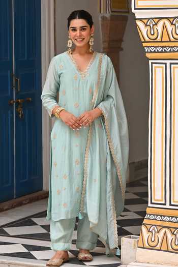 Buy_Karaj Jaipur_Blue Chanderi, Shantoon Embroidery V-neck Butti Work Kurta Set _at_Aza_Fashions