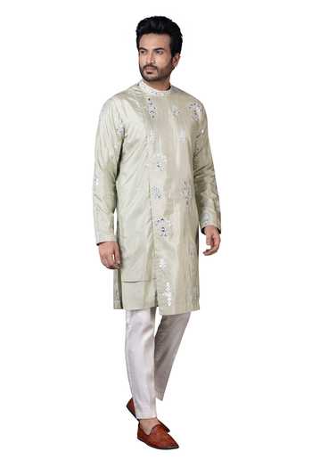 Smriti By Anju Agarwal_Green Silk, Cotton Mirrors Urban Armor Rexine Overlap Kurta Set _Online_at_Aza_Fashions