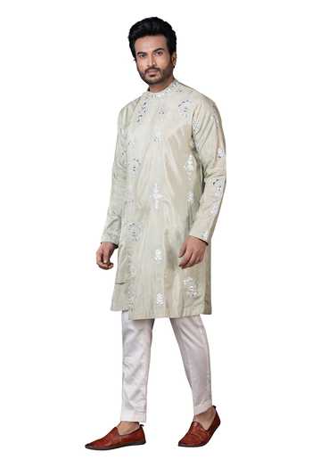 Buy_Smriti By Anju Agarwal_Green Silk, Cotton Mirrors Urban Armor Rexine Overlap Kurta Set _at_Aza_Fashions