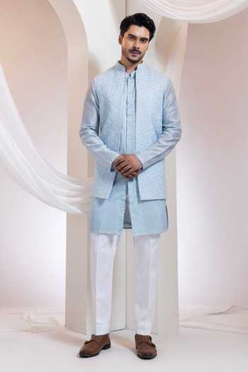 Buy_Smriti By Anju Agarwal_Sky Blue Cotton Embroidery, Beads Skyloom Diamond Pattern Nehru Jacket _Online_at_Aza_Fashions