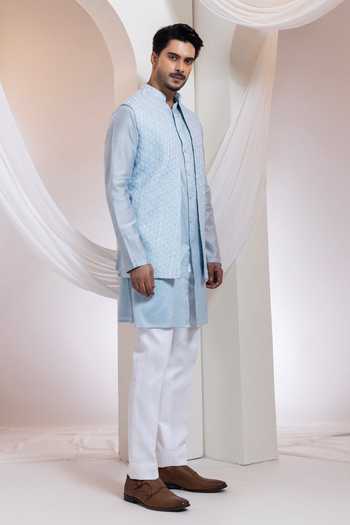 Shop_Smriti By Anju Agarwal_Sky Blue Cotton Embroidery, Beads Skyloom Diamond Pattern Nehru Jacket _Online_at_Aza_Fashions