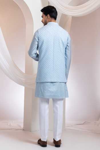 Smriti By Anju Agarwal_Sky Blue Cotton Embroidery, Beads Skyloom Diamond Pattern Nehru Jacket _Online_at_Aza_Fashions
