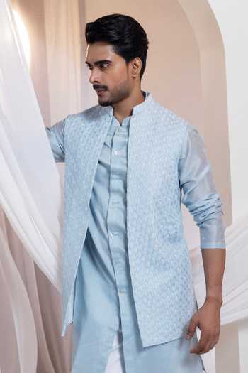 Buy_Smriti By Anju Agarwal_Sky Blue Cotton Embroidery, Beads Skyloom Diamond Pattern Nehru Jacket _at_Aza_Fashions
