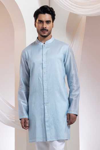 Shop_Smriti By Anju Agarwal_Sky Blue Chanderi, Cotton Embroidery, Beads Lumen Thread Work Kurta Set _Online_at_Aza_Fashions