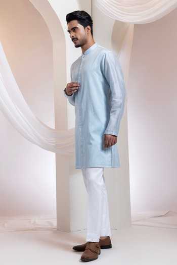 Smriti By Anju Agarwal_Sky Blue Chanderi, Cotton Embroidery, Beads Lumen Thread Work Kurta Set _at_Aza_Fashions