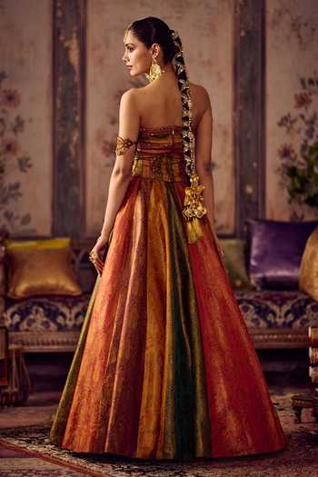 Shop_Reeti Arneja_Multi Color Silk, Handloom Cotton Zari Rang Kali Woven Corset And Lehenga Set _at_Aza_Fashions