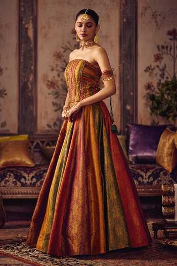Reeti Arneja_Multi Color Silk, Handloom Cotton Zari Rang Kali Woven Corset And Lehenga Set _Online_at_Aza_Fashions