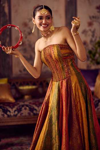 Buy_Reeti Arneja_Multi Color Silk, Handloom Cotton Zari Rang Kali Woven Corset And Lehenga Set _Online_at_Aza_Fashions