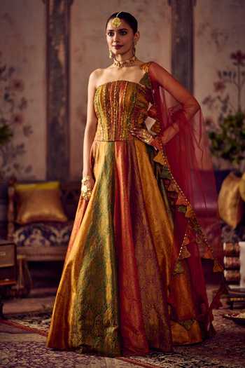 Shop_Reeti Arneja_Multi Color Silk, Handloom Cotton Zari Rang Kali Woven Corset And Lehenga Set _Online_at_Aza_Fashions