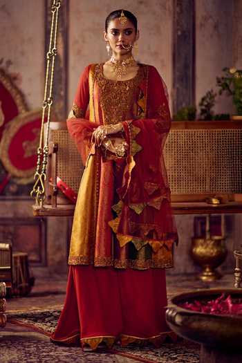 Buy_Reeti Arneja_Multi Color Handloom Cotton, Georgette Embroidery, Rang Kali Kurta And Sharara Set _at_Aza_Fashions