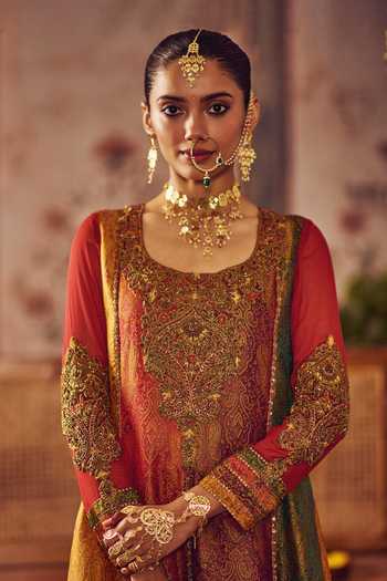 Shop_Reeti Arneja_Multi Color Handloom Cotton, Georgette Embroidery, Rang Kali Kurta And Sharara Set _Online_at_Aza_Fashions