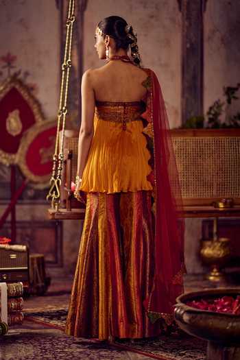 Shop_Reeti Arneja_Yellow Georgette, Net, Handloom Cotton Kesariya Rang Peplum Kurta And Sharara Set _at_Aza_Fashions