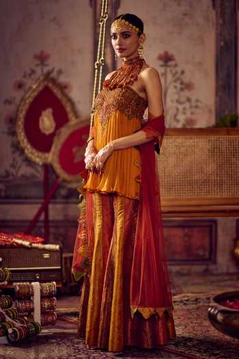 Reeti Arneja_Yellow Georgette, Net, Handloom Cotton Kesariya Rang Peplum Kurta And Sharara Set _Online_at_Aza_Fashions