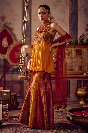 Buy_Reeti Arneja_Yellow Georgette, Net, Handloom Cotton Kesariya Rang Peplum Kurta And Sharara Set _Online_at_Aza_Fashions
