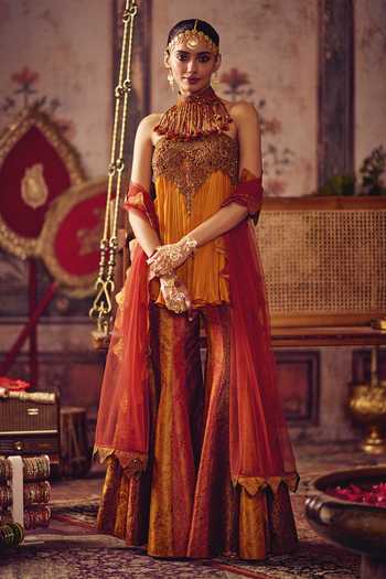 Shop_Reeti Arneja_Yellow Georgette, Net, Handloom Cotton Kesariya Rang Peplum Kurta And Sharara Set _Online_at_Aza_Fashions