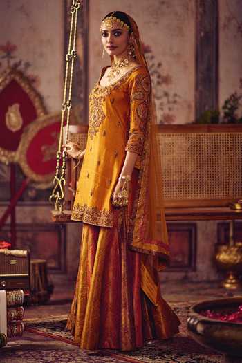 Reeti Arneja_Yellow Silk Zari, Tassels Scoop Neck, Yes Zardozi Kesari Kurta And Sharara Set _Online_at_Aza_Fashions