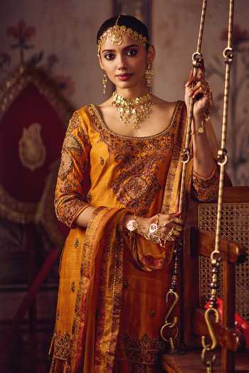 Buy_Reeti Arneja_Yellow Silk Zari, Tassels Scoop Neck, Yes Zardozi Kesari Kurta And Sharara Set _Online_at_Aza_Fashions