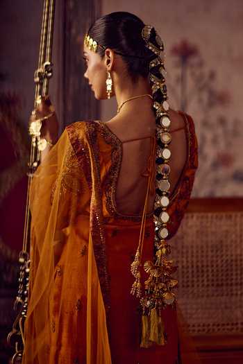 Shop_Reeti Arneja_Yellow Silk Zari, Tassels Scoop Neck, Yes Zardozi Kesari Kurta And Sharara Set _Online_at_Aza_Fashions