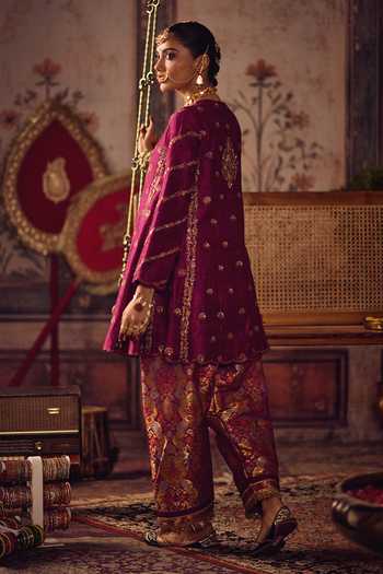 Shop_Reeti Arneja_Magenta Silk, Brocade Embroidery, Zari Round Rani Kheem Kurta And Salwar Set _at_Aza_Fashions