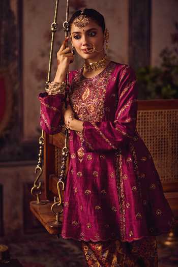 Reeti Arneja_Magenta Silk, Brocade Embroidery, Zari Round Rani Kheem Kurta And Salwar Set _Online_at_Aza_Fashions