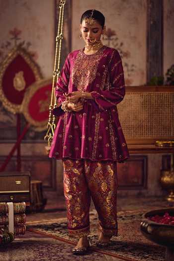 Buy_Reeti Arneja_Magenta Silk, Brocade Embroidery, Zari Round Rani Kheem Kurta And Salwar Set _Online_at_Aza_Fashions