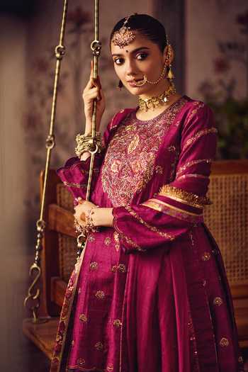 Shop_Reeti Arneja_Magenta Silk, Brocade Embroidery, Zari Round Rani Kheem Kurta And Salwar Set _Online_at_Aza_Fashions