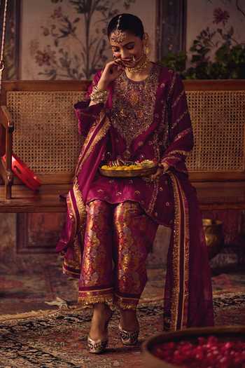 Reeti Arneja_Magenta Silk, Brocade Embroidery, Zari Round Rani Kheem Kurta And Salwar Set _at_Aza_Fashions
