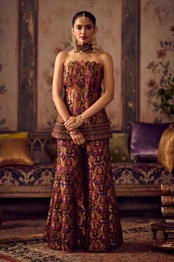 Shop_Reeti Arneja_Multi Color Silk, Brocade Zari Bandeau Khwaab Rang Corset Kurta Sharara Set _at_Aza_Fashions