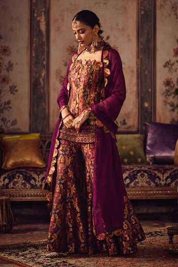 Reeti Arneja_Multi Color Silk, Brocade Zari Bandeau Khwaab Rang Corset Kurta Sharara Set _Online_at_Aza_Fashions