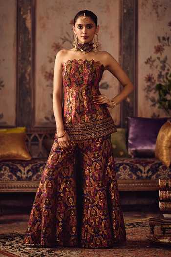 Buy_Reeti Arneja_Multi Color Silk, Brocade Zari Bandeau Khwaab Rang Corset Kurta Sharara Set _Online_at_Aza_Fashions