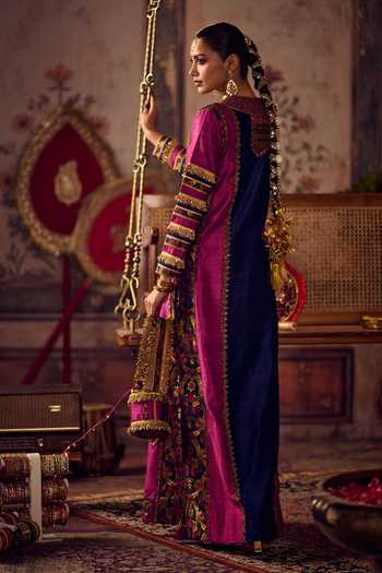 Shop_Reeti Arneja_Blue Silk, Brocade Zari, Tassels V-neck Neel Magenta Kaftan _at_Aza_Fashions