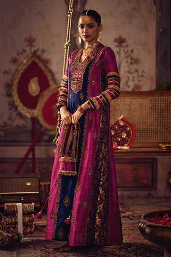 Reeti Arneja_Blue Silk, Brocade Zari, Tassels V-neck Neel Magenta Kaftan _Online_at_Aza_Fashions
