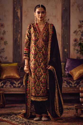 Reeti Arneja_Multi Color Silk, Brocade Beads, Zari, Tassels Resham Kheem Kurta And Pant Set _Online_at_Aza_Fashions