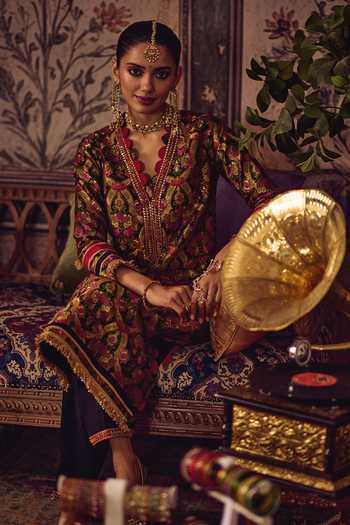 Buy_Reeti Arneja_Multi Color Silk, Brocade Beads, Zari, Tassels Resham Kheem Kurta And Pant Set _Online_at_Aza_Fashions