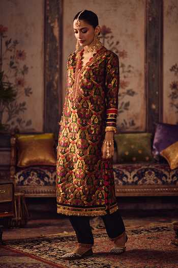 Buy_Reeti Arneja_Multi Color Silk, Brocade Beads, Zari, Tassels Resham Kheem Kurta And Pant Set _at_Aza_Fashions