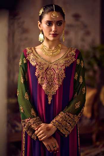 Buy_Reeti Arneja_Multi Color Georgette, Velvet Embroidery, Zari Zardozi Panelled Kurta Set _Online_at_Aza_Fashions