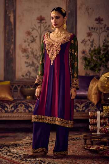 Buy_Reeti Arneja_Multi Color Georgette, Velvet Embroidery, Zari Zardozi Panelled Kurta Set _at_Aza_Fashions