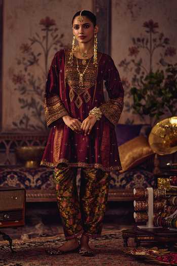 Buy_Reeti Arneja_Maroon Silk, Handloom Cotton, Brocade, Organza Virsa Mehroon Hara Kurta Set _Online_at_Aza_Fashions