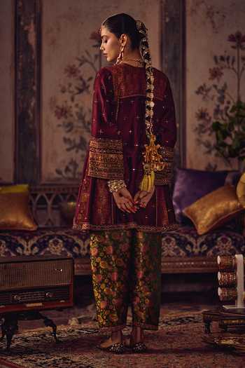 Shop_Reeti Arneja_Maroon Silk, Handloom Cotton, Brocade, Organza Virsa Mehroon Hara Kurta Set _at_Aza_Fashions