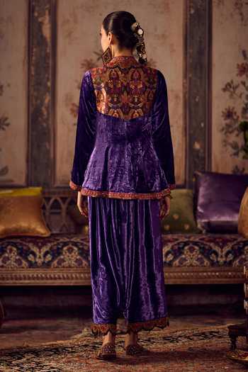 Shop_Reeti Arneja_Blue Silk, Velvet Embroidery, Sequins V-neck Neel Short Kurta And Salwar Set _at_Aza_Fashions
