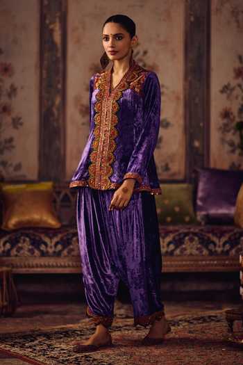 Buy_Reeti Arneja_Blue Silk, Velvet Embroidery, Sequins V-neck Neel Short Kurta And Salwar Set _at_Aza_Fashions