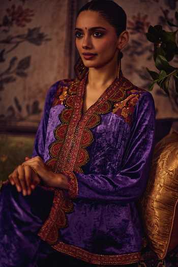 Shop_Reeti Arneja_Blue Silk, Velvet Embroidery, Sequins V-neck Neel Short Kurta And Salwar Set _Online_at_Aza_Fashions