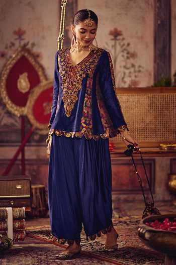 Reeti Arneja_Blue Silk, Cotton Satin Zari, Tassels V-neck, Yes Neela Khaab Peplum Set _Online_at_Aza_Fashions