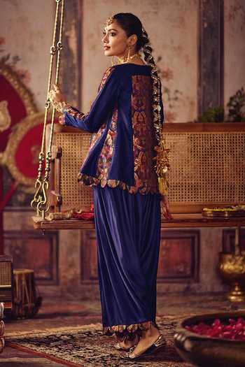 Shop_Reeti Arneja_Blue Silk, Cotton Satin Zari, Tassels V-neck, Yes Neela Khaab Peplum Set _at_Aza_Fashions