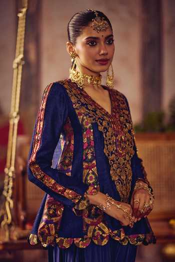 Buy_Reeti Arneja_Blue Silk, Cotton Satin Zari, Tassels V-neck, Yes Neela Khaab Peplum Set _Online_at_Aza_Fashions